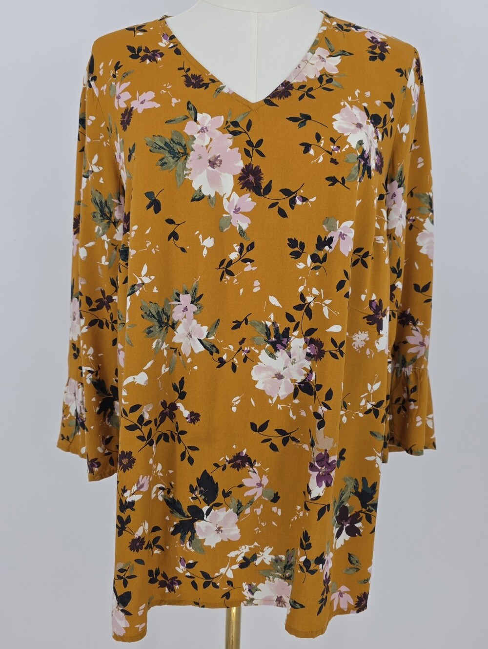 J.Jill Floral Tunic Top Women XS Mustard Yellow V Neck Bell Sleeve Rayon - Picture 2 of 10